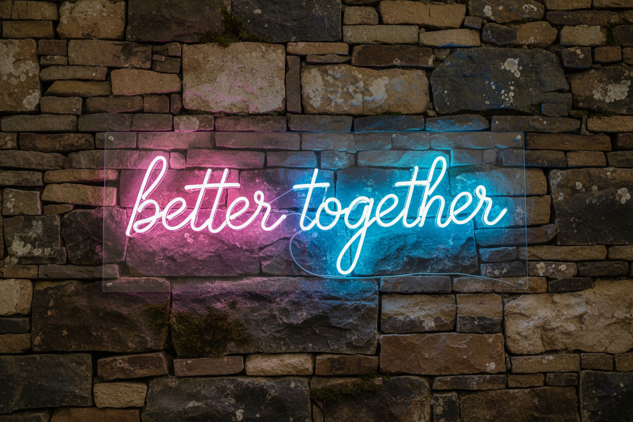 Scritta neon "better together" su plexiglass da 8 mm realizzala molto realistica , installazione in un muro a sassi, senza riflessi, senza cavi