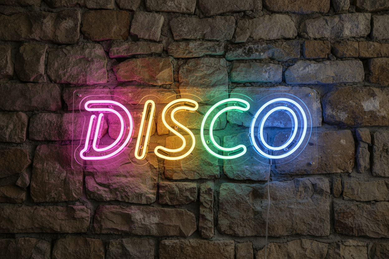 Scritta neon "disco" su plexiglass da 8 mm realizzala molto realistica , installazione in un muro a sassi, senza riflessi